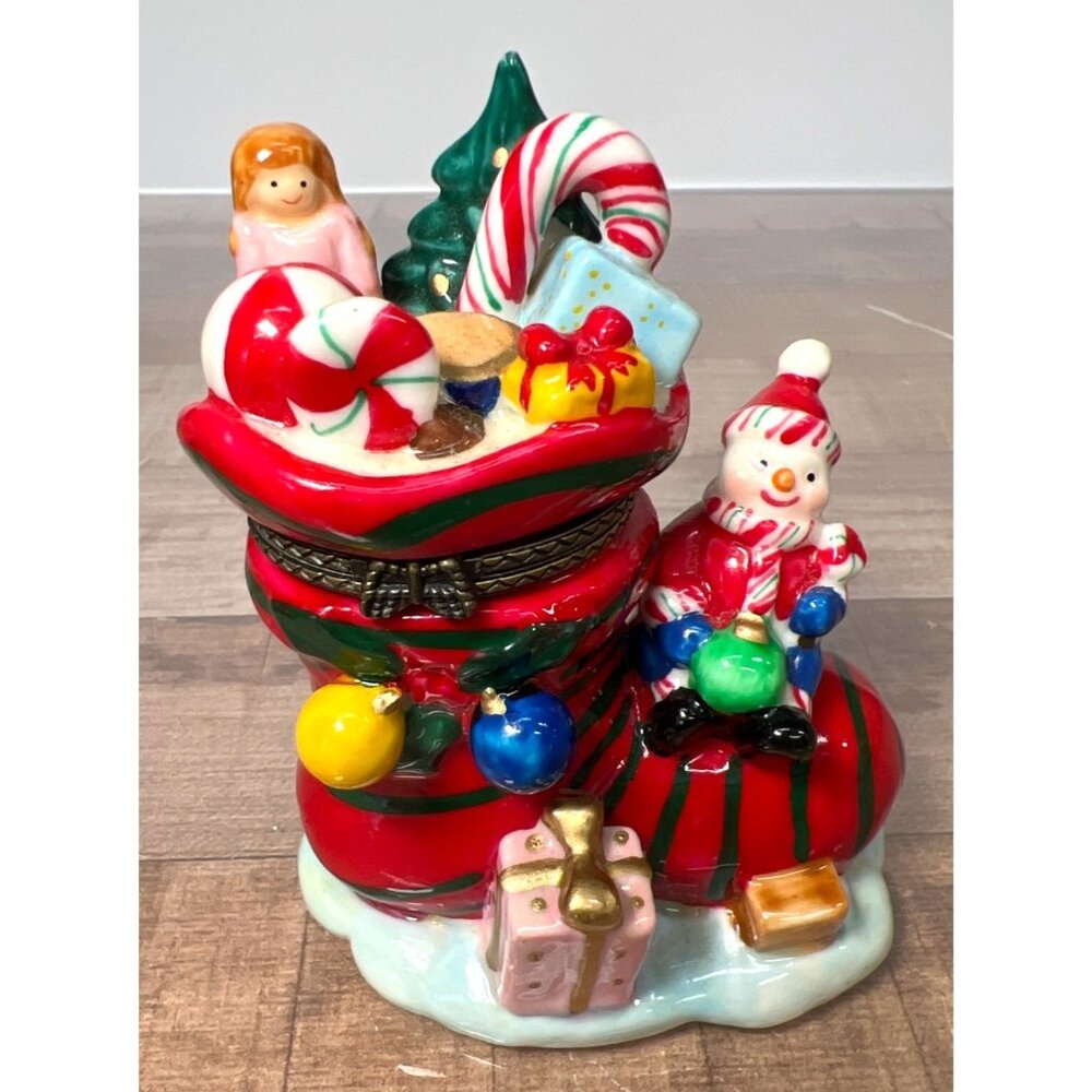 Ceramic Hinged Box Christmas Boot Candle Holder With Snowman & Holiday Decor